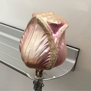 Vintage Blown Glass Pink Rose Silver colored Clip On Christmas Ornament Preowned